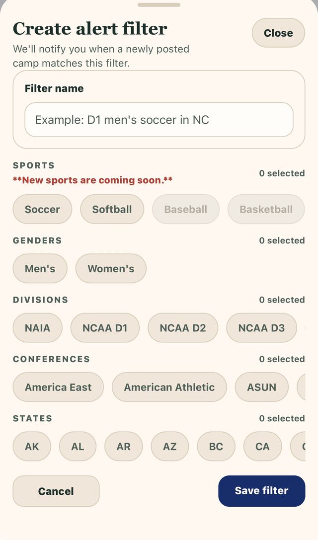 Creating a custom alert filter in the app by sport, division, conference and state