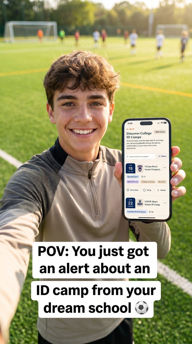 A player on the field holding up the ID Camp Finder app after getting an alert about an ID camp from their dream school