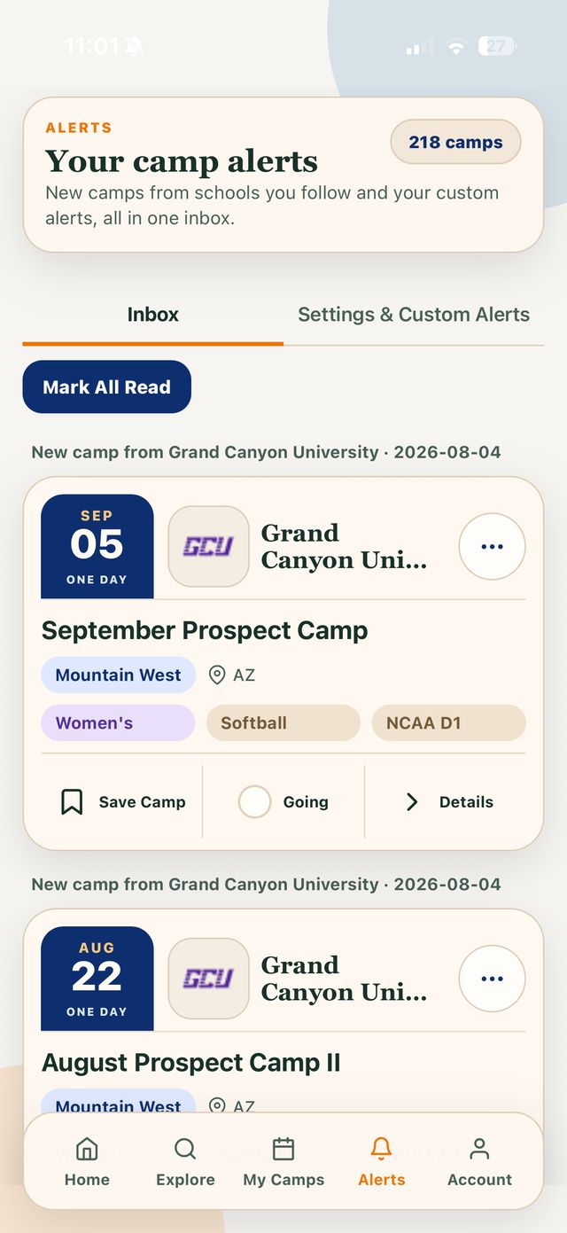 Alerts inbox listing new camps from schools you follow