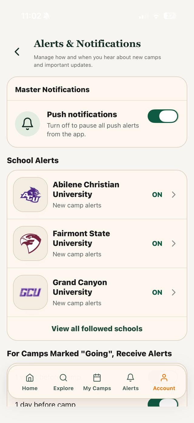 Alerts and notifications settings in the app: new-camp alerts toggled on for each school you follow