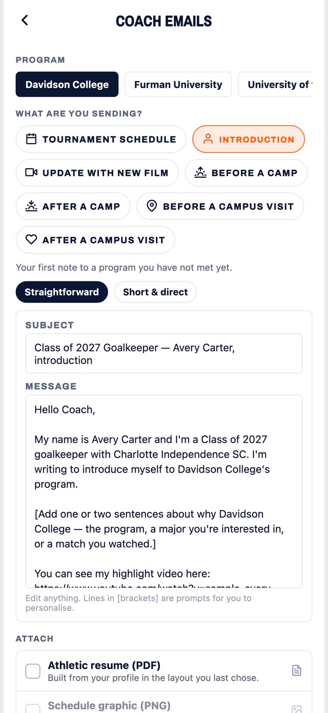 Coach emails screen in the app: pick a program and a moment, and the email is written from your profile