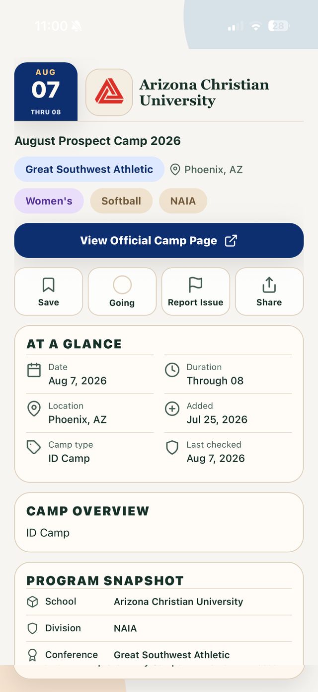Camp detail screen with an at-a-glance panel and a link to the official camp page