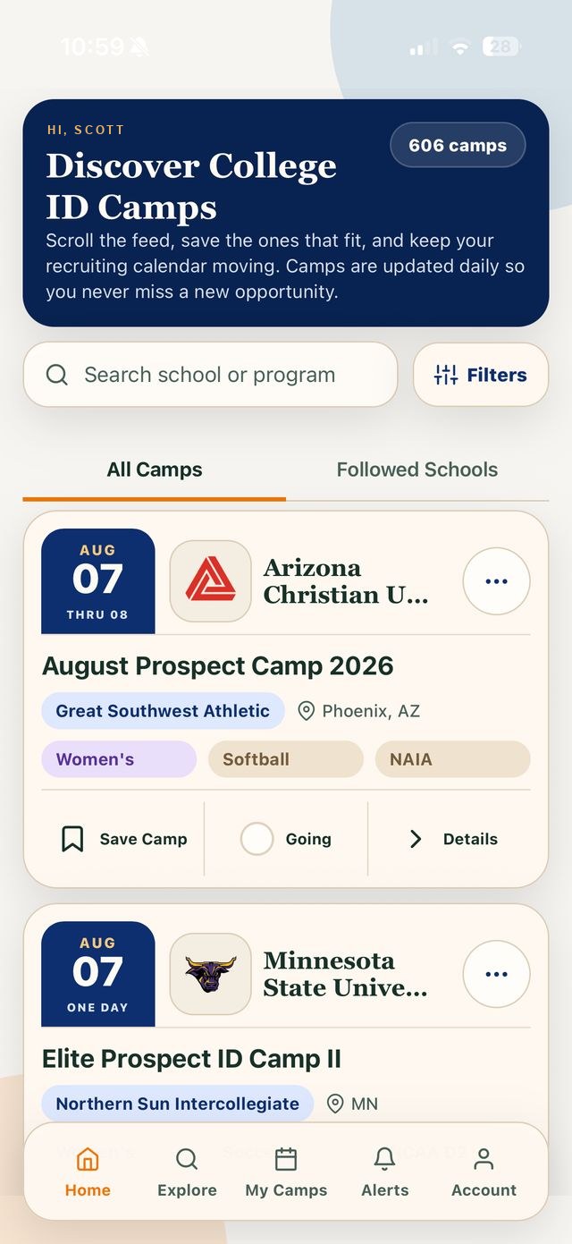 The app's camp feed with filters applied, narrowing every upcoming camp down to the ones that match
