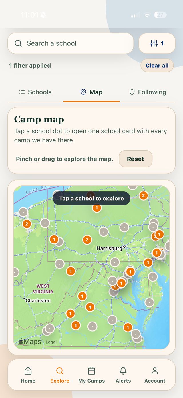 Camp map in the app: schools with upcoming camps plotted as dots you can tap to explore