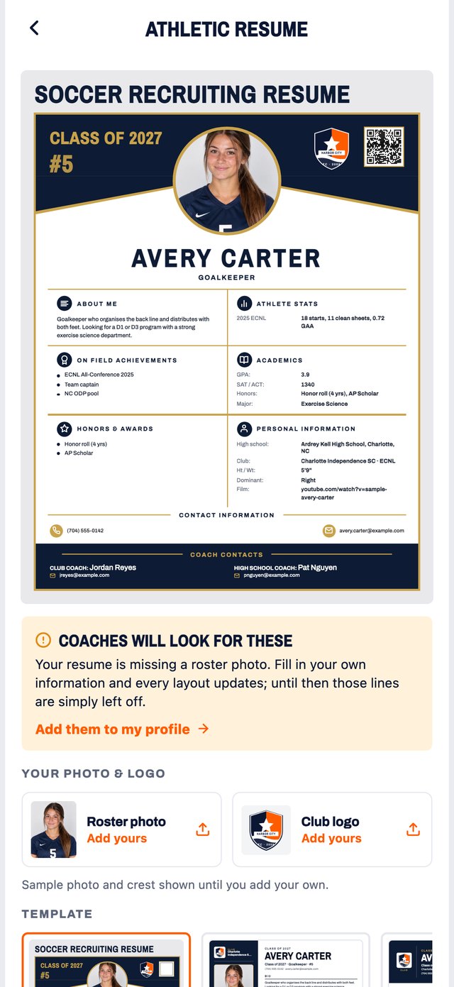Athletic resume screen in the app: a one-page resume built from the member's profile