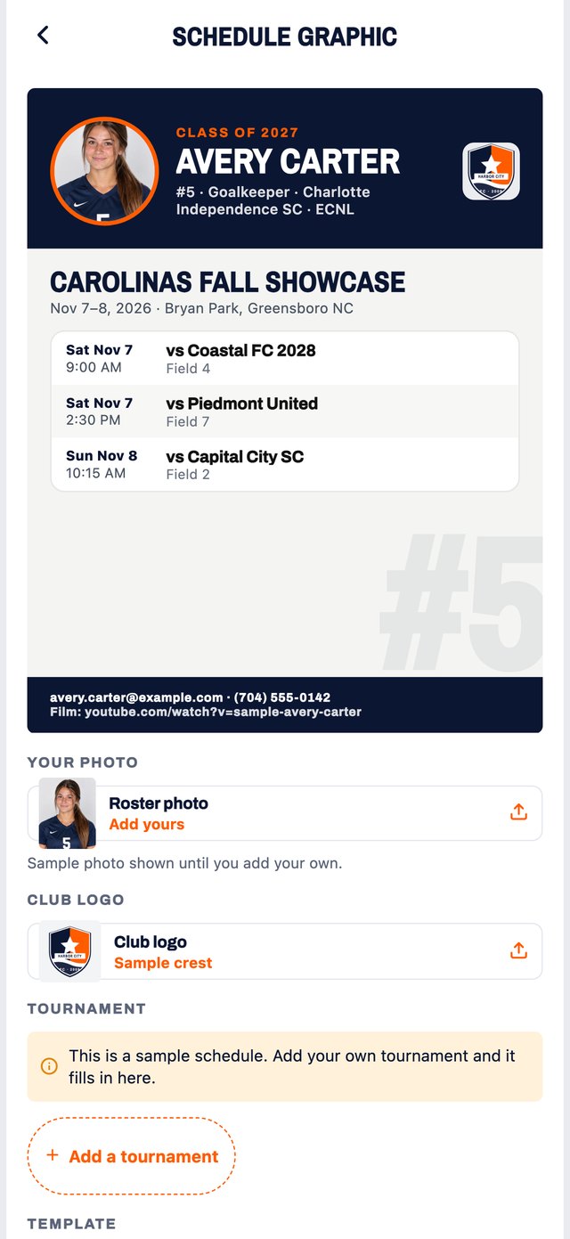 Schedule graphic screen in the app: a tournament schedule laid out as a graphic