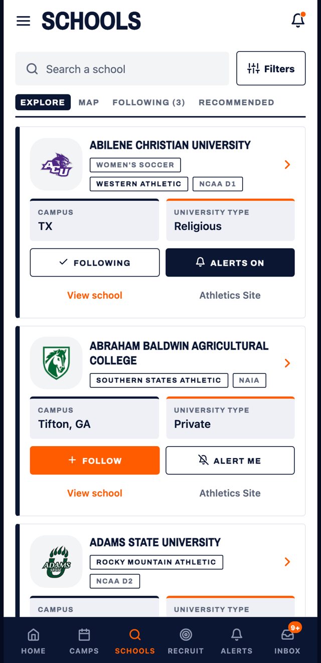 Schools in the app: every program with its division, conference and a follow button