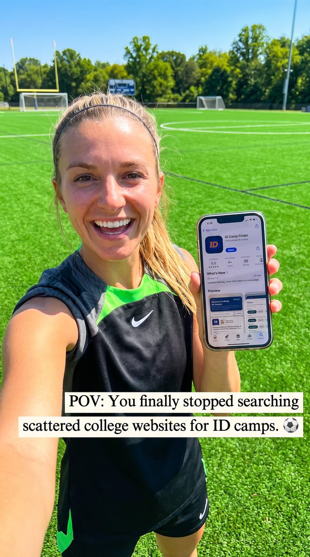 A player holding up her phone with the ID Camp Finder App Store page open — done searching scattered college websites for ID camps