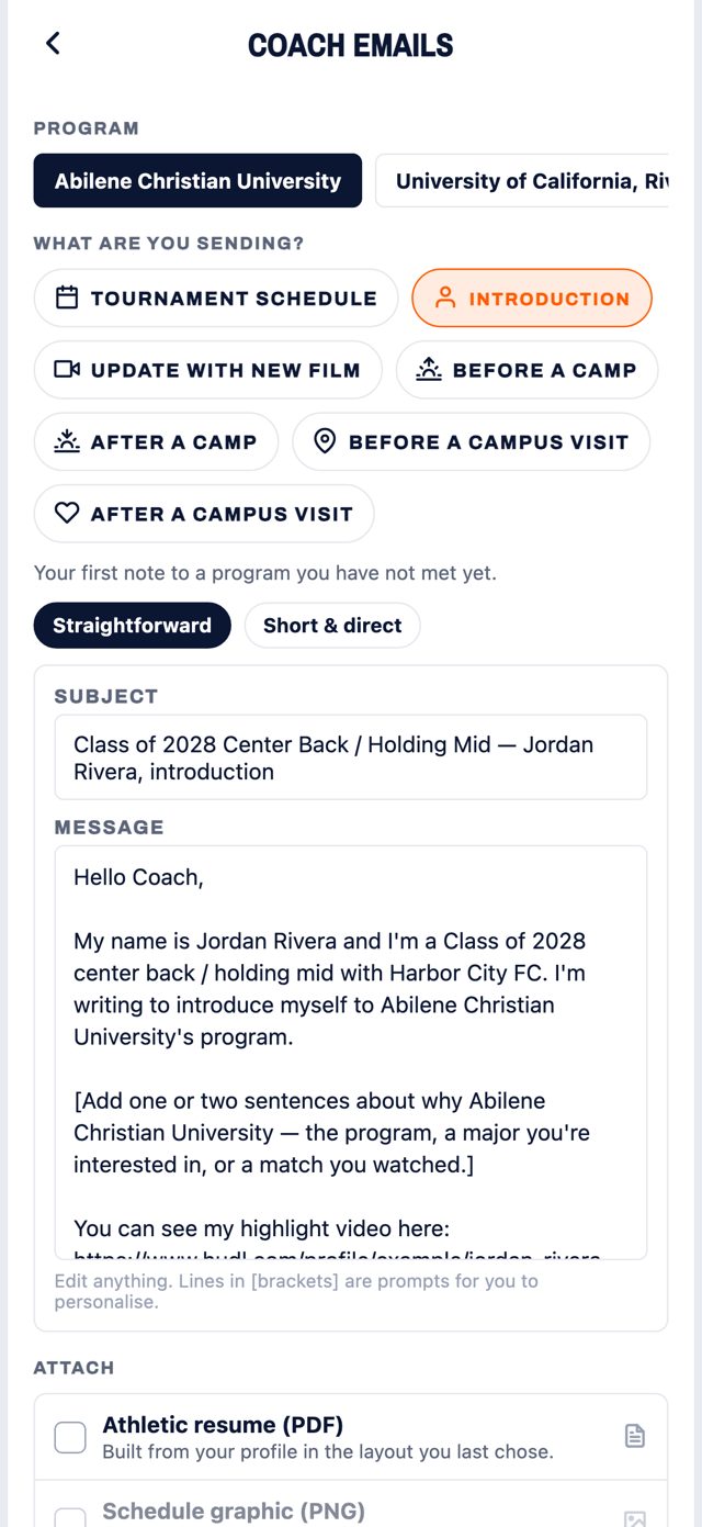 Coach emails screen: pick a program and a moment, the email is written from your profile
