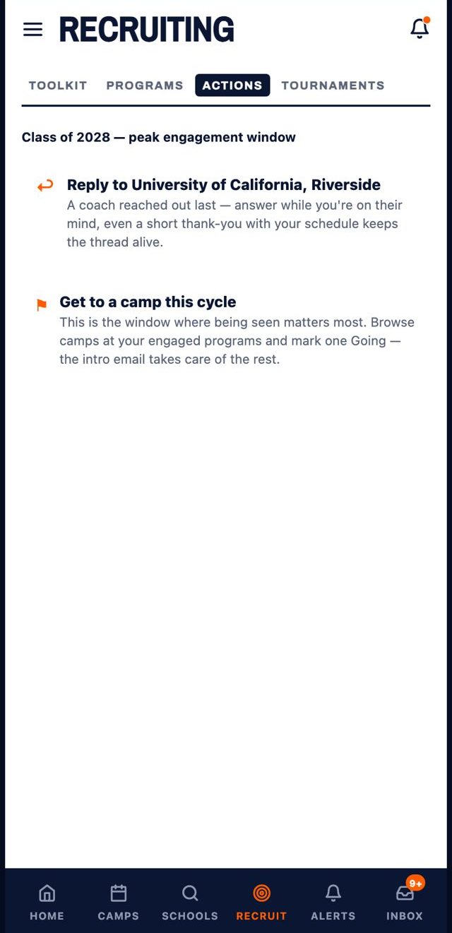 Actions screen: reply to a coach who wrote last, get to a camp this cycle