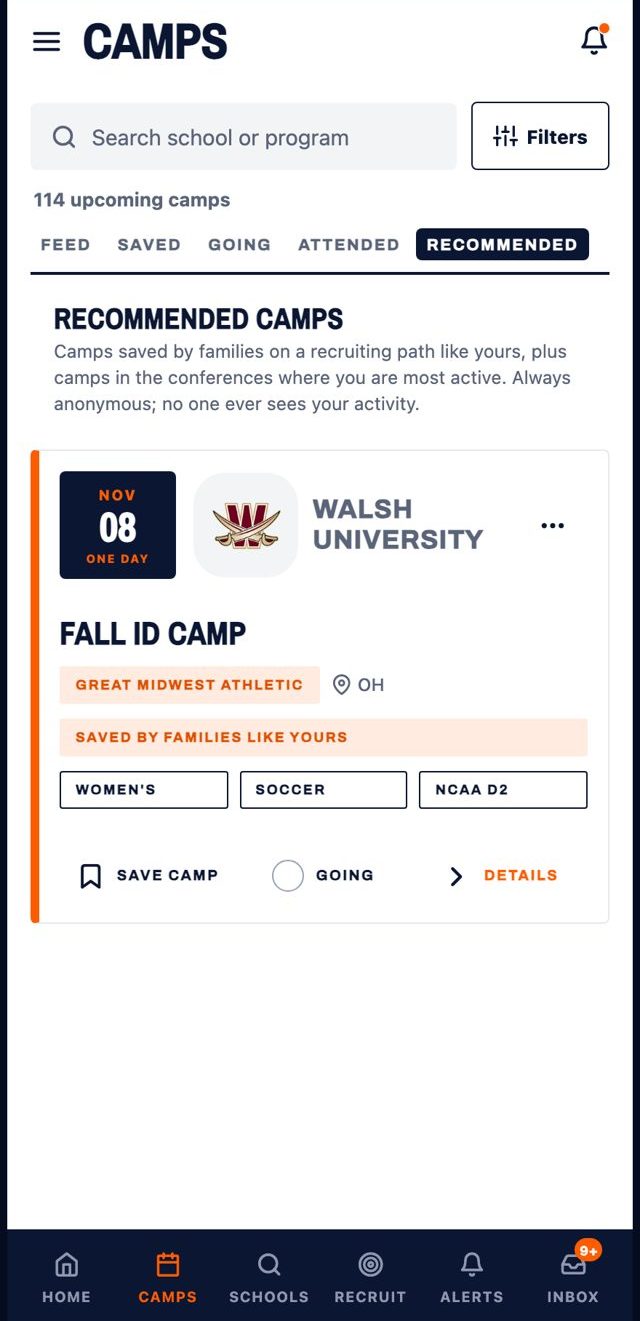 Recommended camps, each with the reason it is recommended