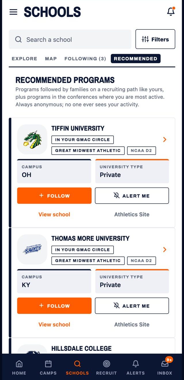 Recommended programs: schools followed by families on a recruiting path like yours