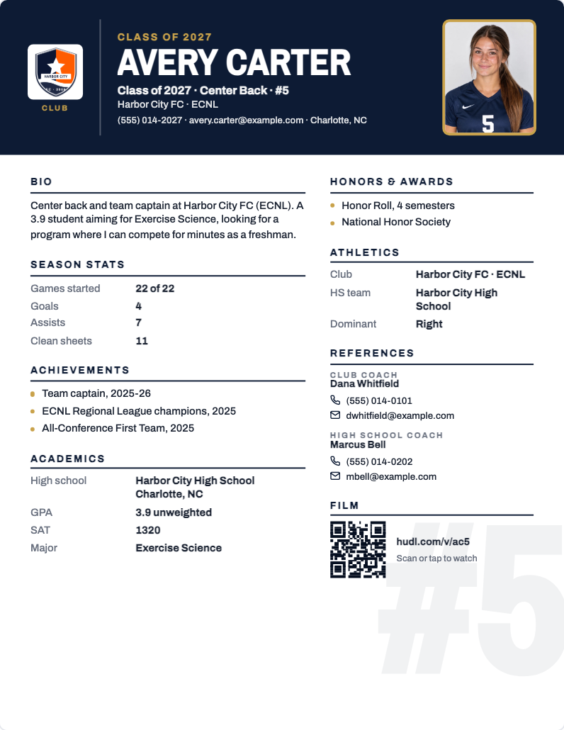 Athletic resume layout, Banner, for a sample athlete