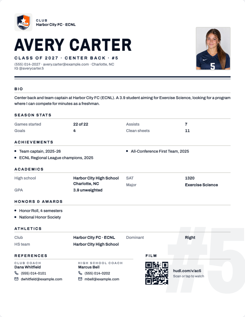 Athletic resume layout, Editorial, for a sample athlete