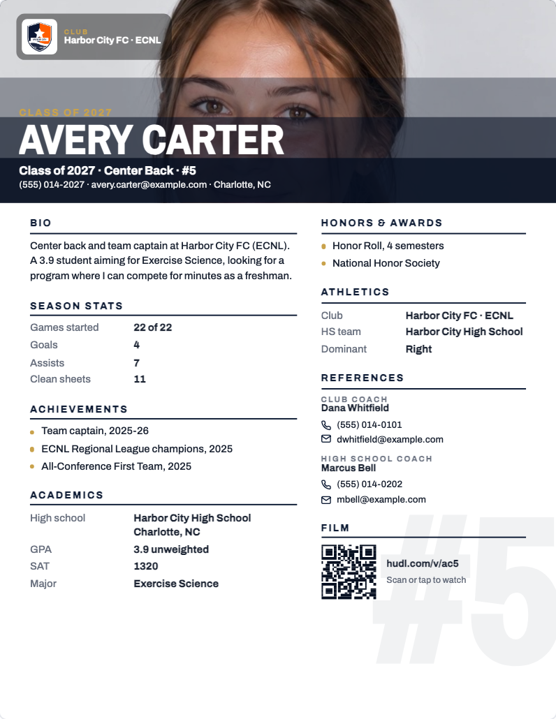 Athletic resume layout, Portrait, for a sample athlete