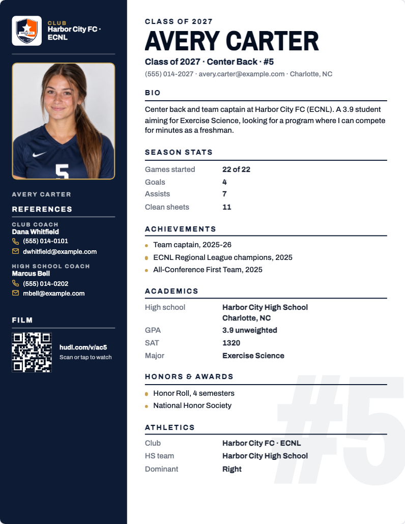 Athletic resume layout, Sidebar, for a sample athlete