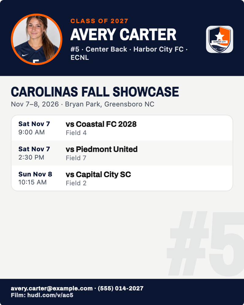 Tournament schedule graphic, Classic layout, for a sample athlete