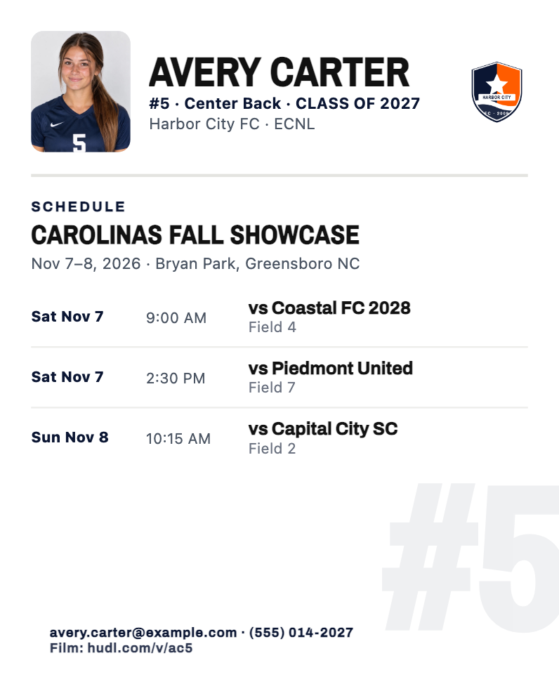 Tournament schedule layout, Clean, for a sample athlete