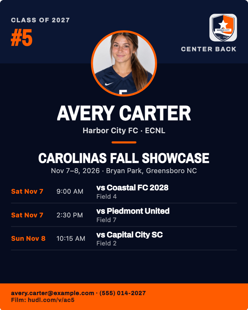 Tournament schedule layout, Poster, for a sample athlete