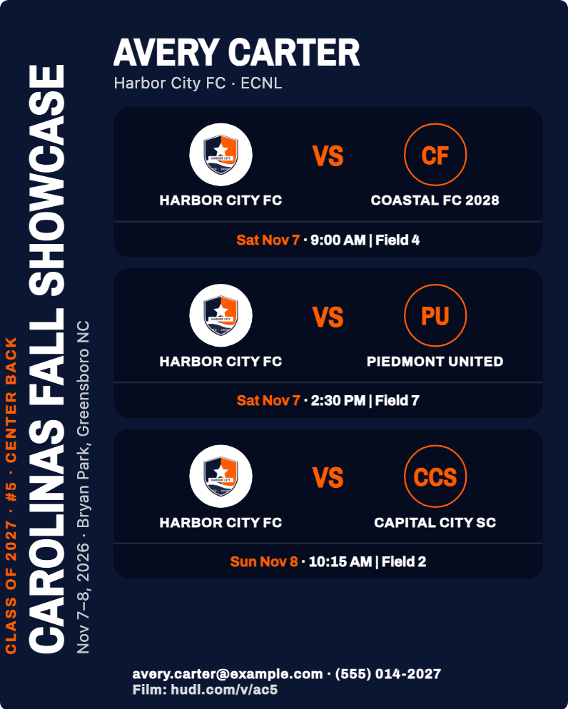 Tournament schedule layout, Rail, for a sample athlete